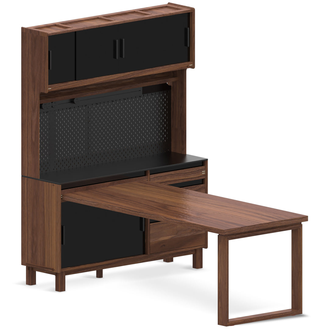 Japandi walnut wood storage side cabinet with dining table harmon layered structure.
