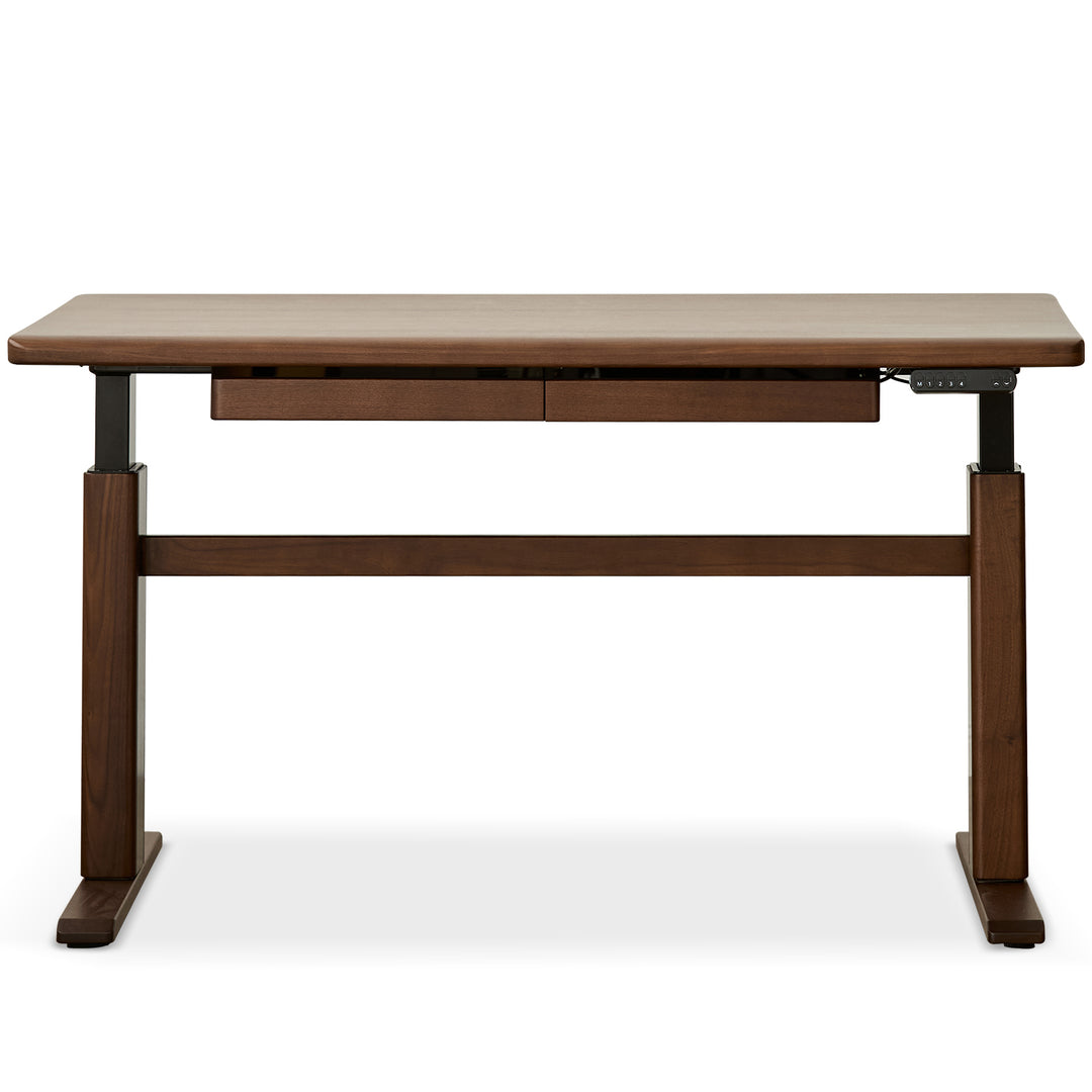 Japandi walnut wood electric height adjustable study table cloud lifting conceptual design.