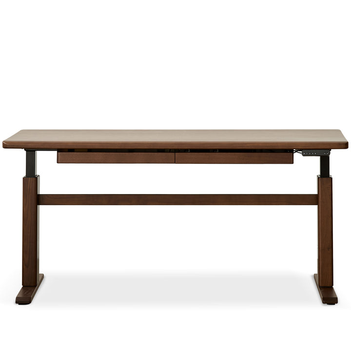 Japandi walnut wood electric height adjustable study table cloud lifting in white background.