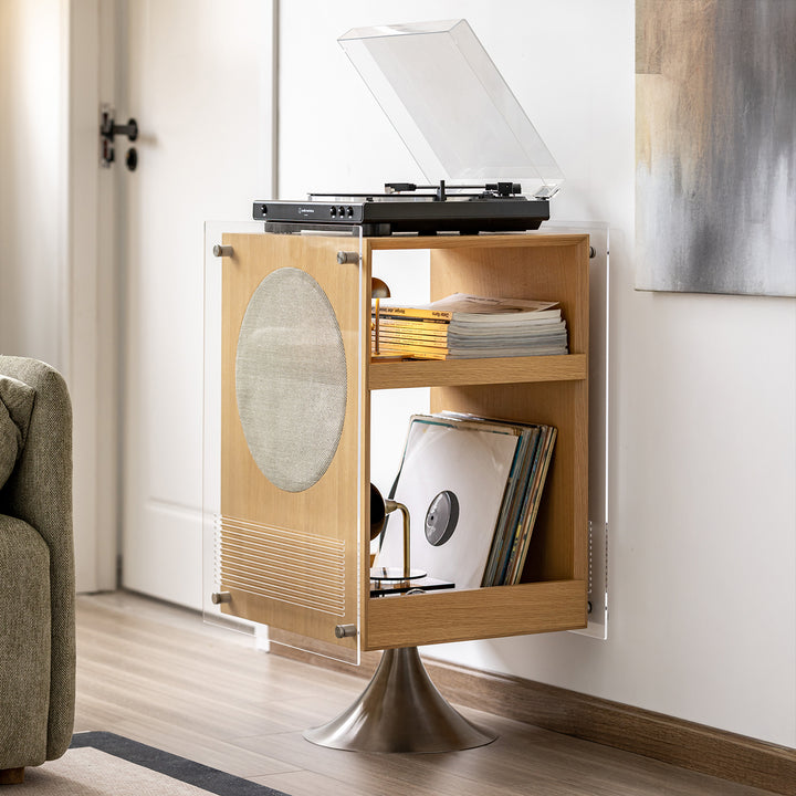 Minimalist oak wood veneer revolving side table muse with context.