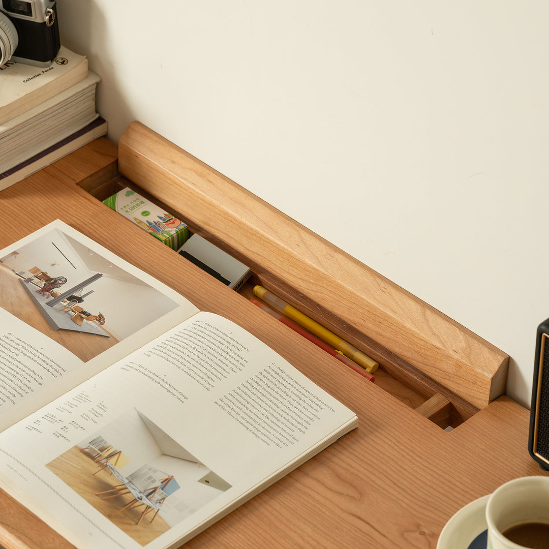 Scandinavian cherry wood study table kashima with context.