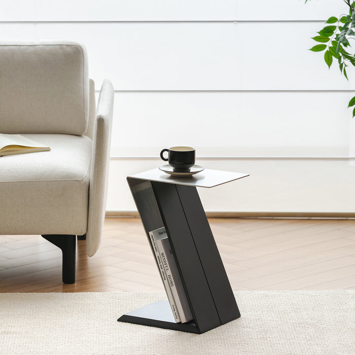 Minimalist stainless steel side table zig in real life style.