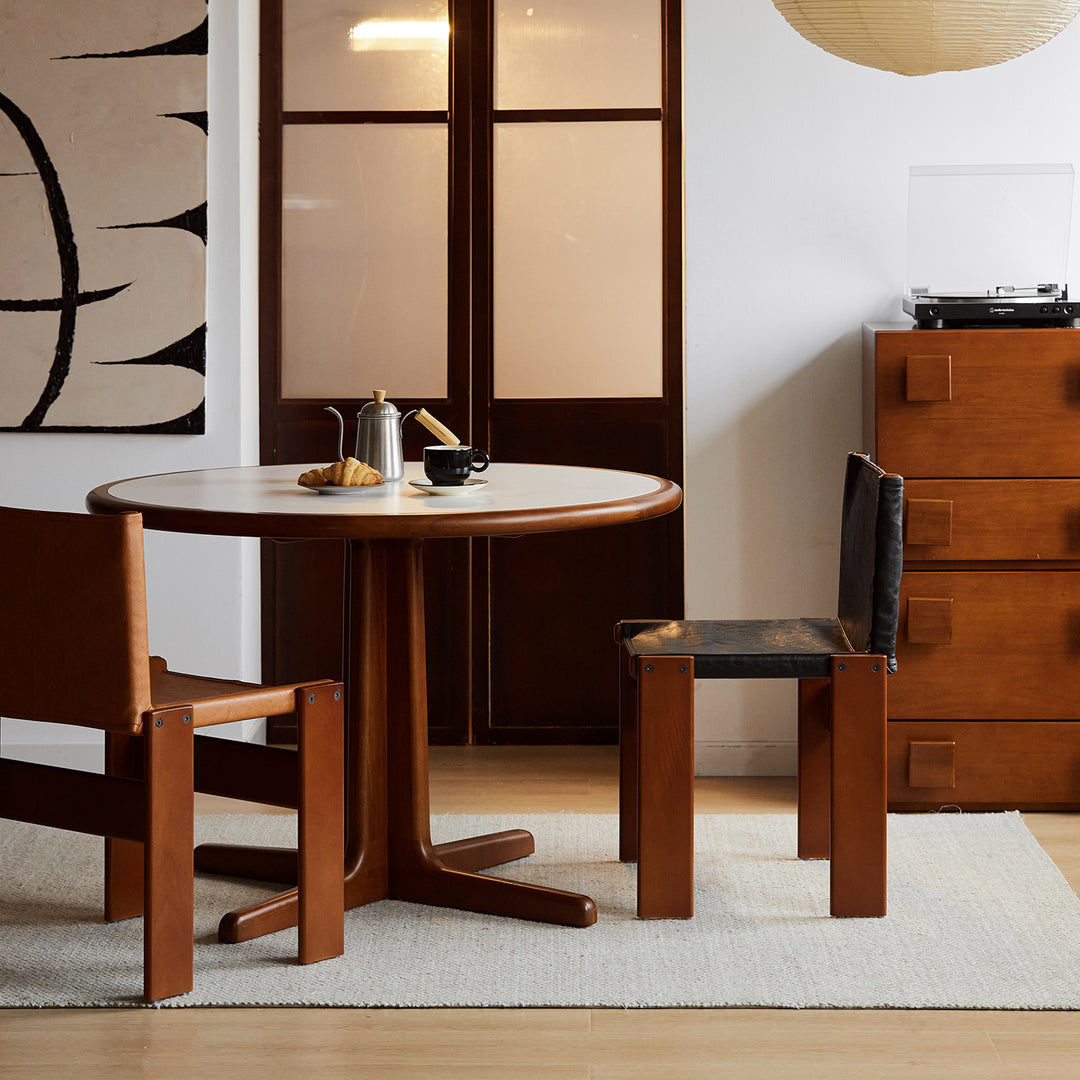 Vintage genuine leather dining chair tansu in real life style.