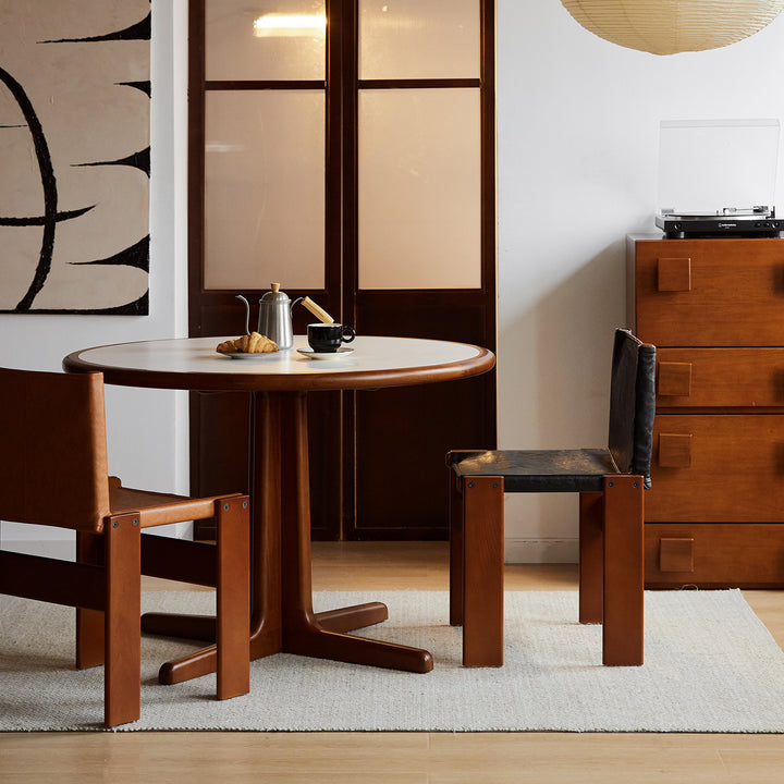 Vintage genuine leather dining chair tansu in real life style.