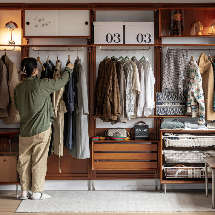 Vintage boxwood modular hanging wall shelf system muse wardrobe color swatches.