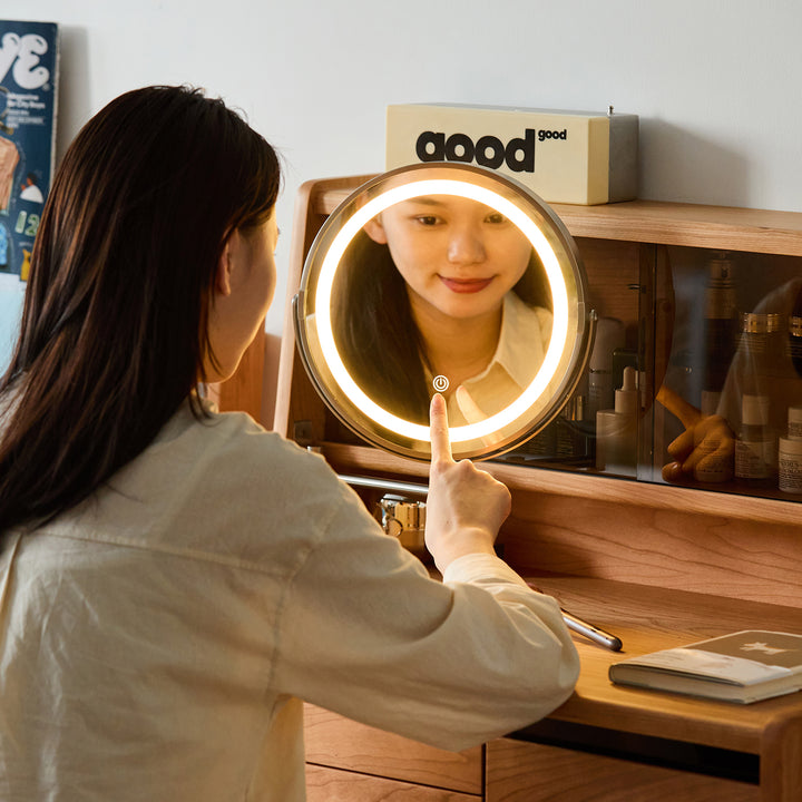 Scandinavian cherry wood dressing table floating vanity with context.