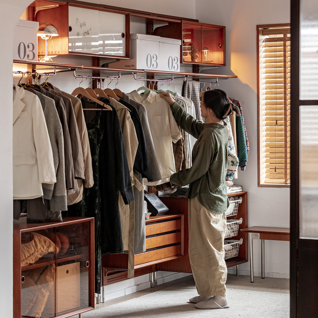 Vintage boxwood modular hanging wall shelf system muse wardrobe material variants.