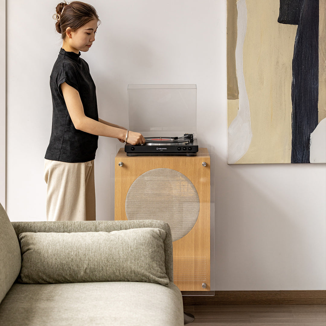 Minimalist oak wood veneer revolving side table muse in details.