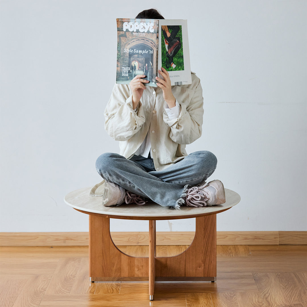 Scandinavian sintered stone coffee table set shells with context.