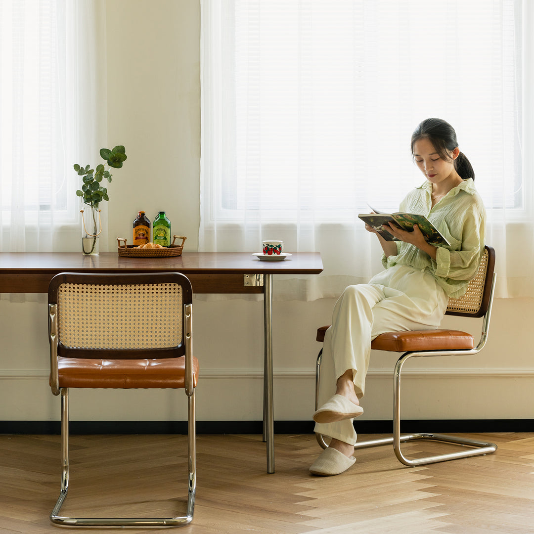 Vintage rattan pu leather dining chair hoh xil in details.