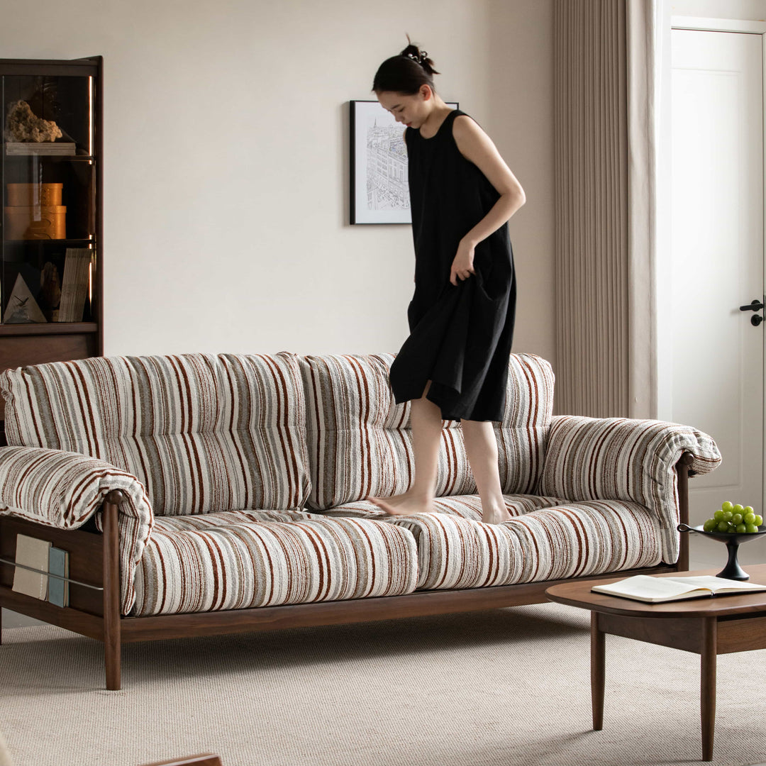 Scandinavian chenille velvet fabric walnut wood 3 seater sofa sofa open backed with context.