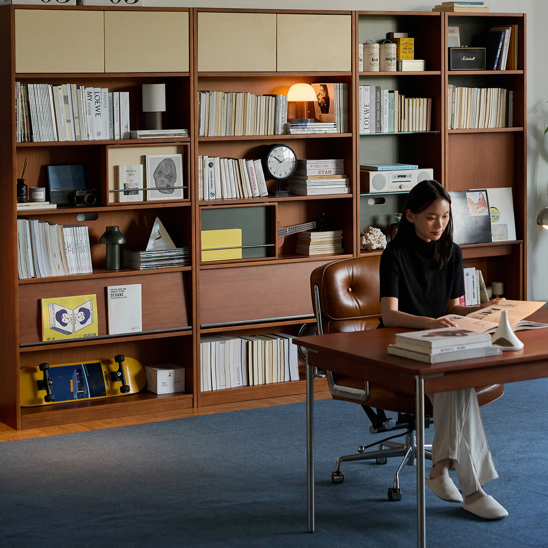 Vintage boxwood extendable study desk boodshelf mies with context.