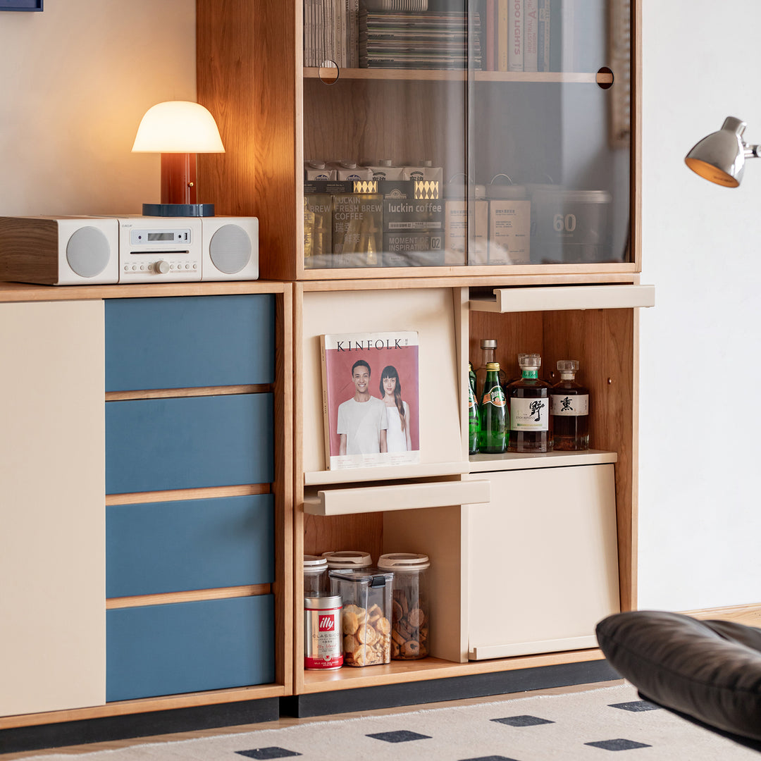 Scandinavian cherry wood modular cabinet time in close up details.