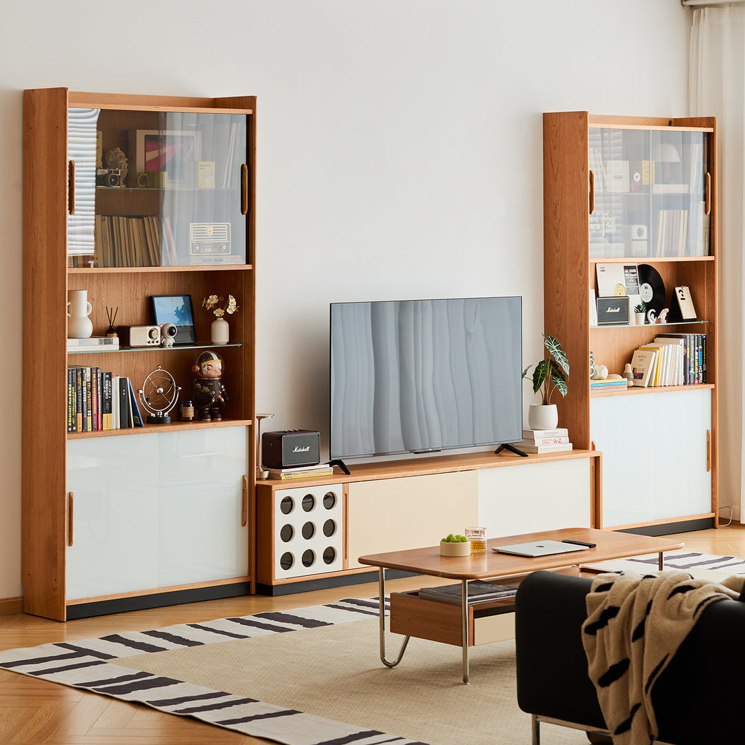 Scandinavian cherry wood bookshelf display cabinet timeless in panoramic view.