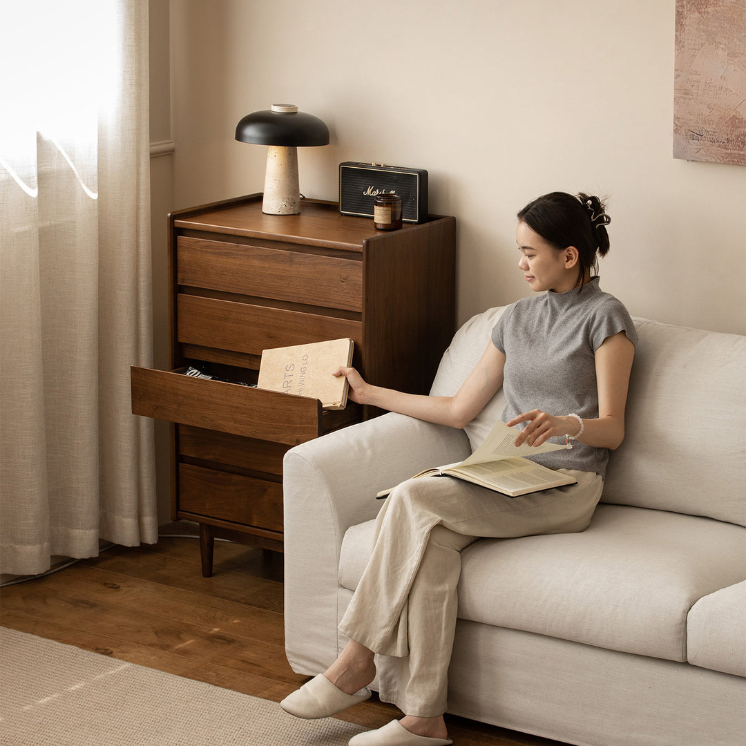 Vintage walnut wood chest of drawers vista in close up details.