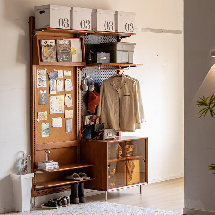 Vintage boxwood modular hanging wall shelf system muse entryway in details.