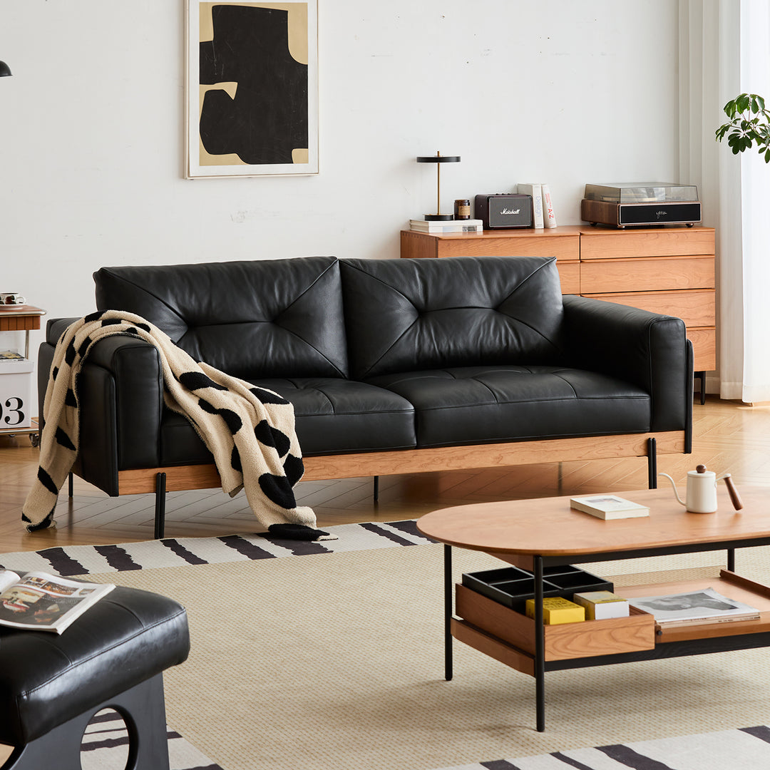 Scandinavian microfiber leather 4 seater sofa black in details.