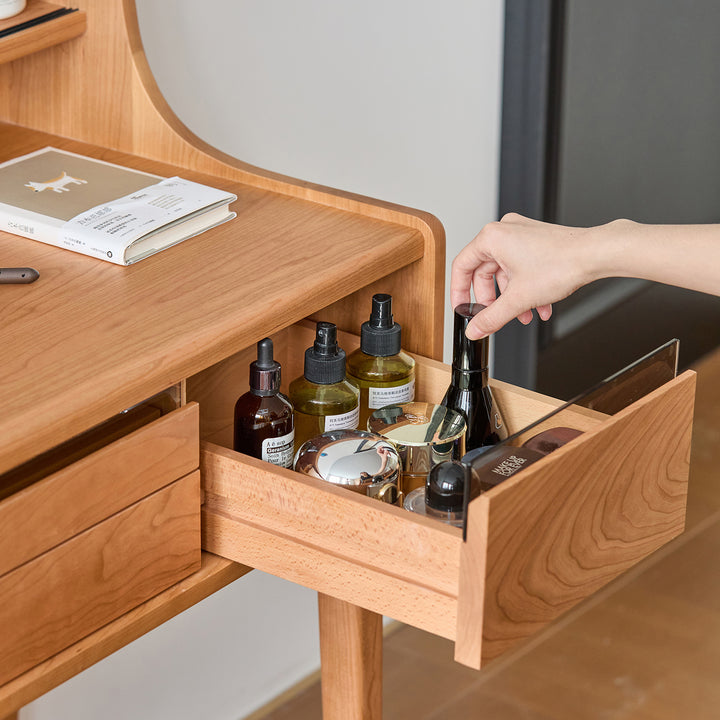 Scandinavian cherry wood dressing table floating vanity in close up details.