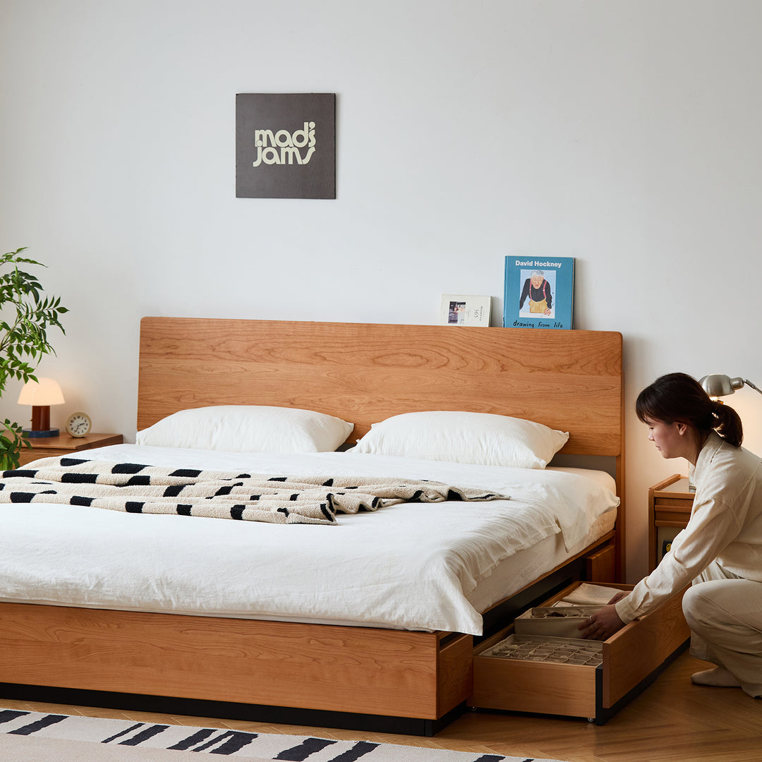 Scandinavian cherry wood storage bed toast in close up details.