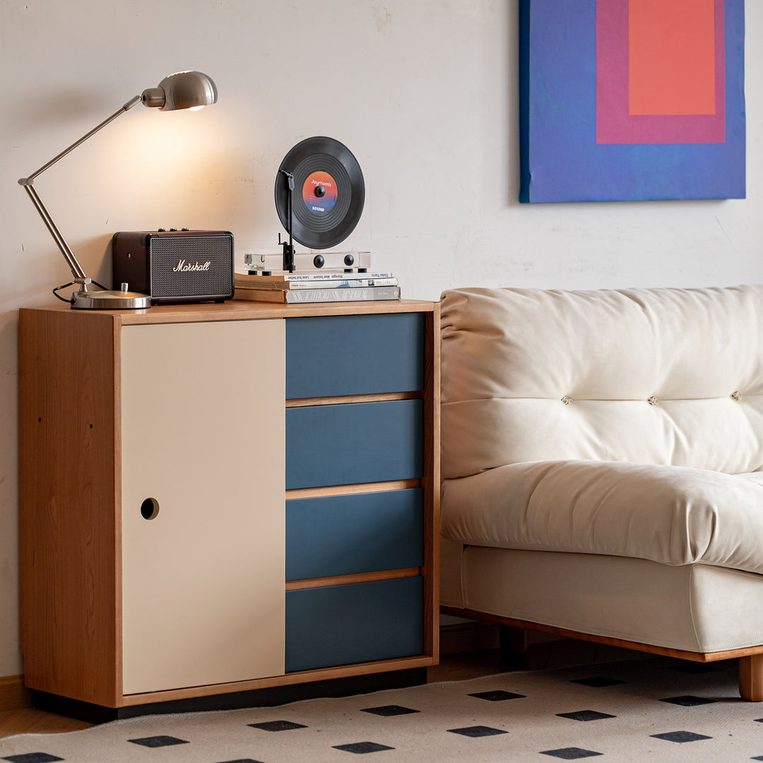 Scandinavian cherry wood modular cabinet time in panoramic view.