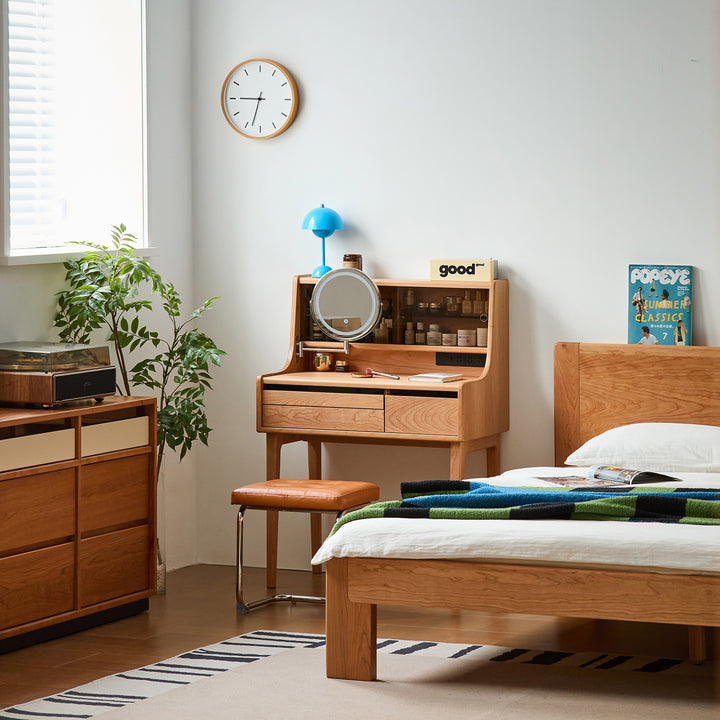 Scandinavian cherry wood dressing table floating vanity in panoramic view.