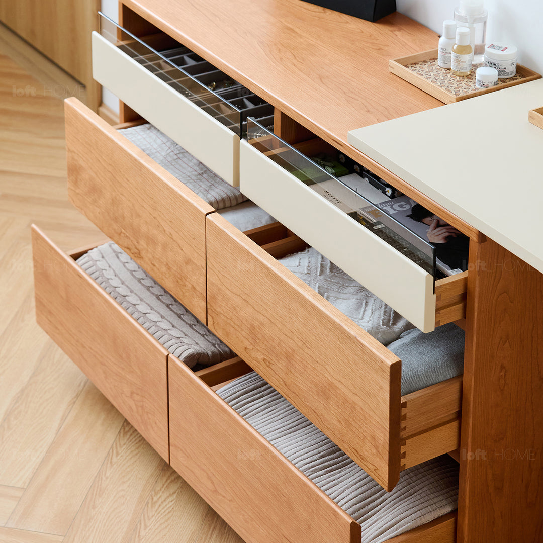 Scandinavian cherry wood dressing table timeless in close up details.