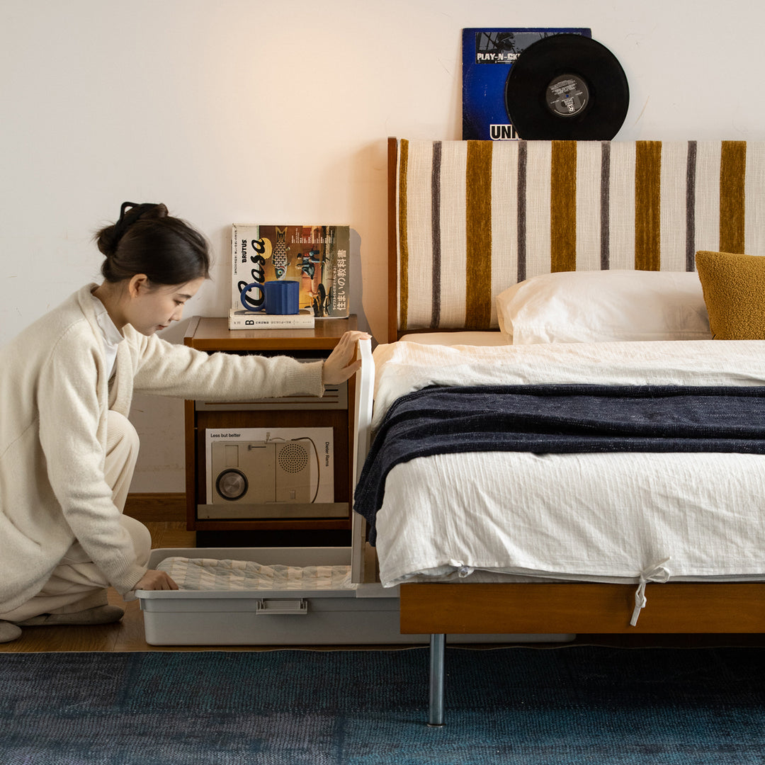 Vintage mixed weave fabric bed frame nice in close up details.