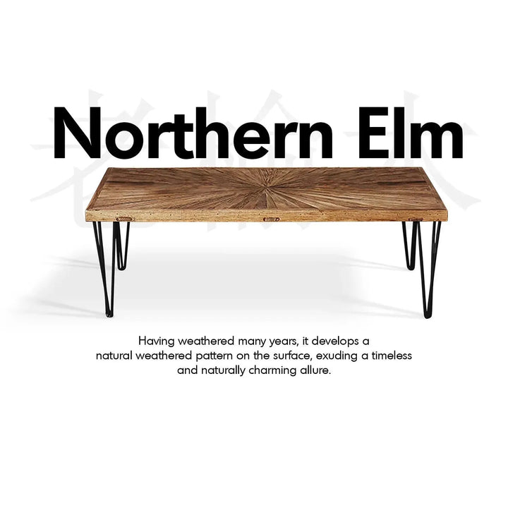 Rustic elm wood rectangle coffee table ascend elm in close up details.