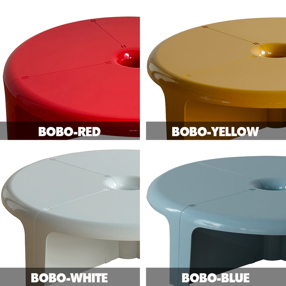 Four round stools in red, yellow, white, and blue with 'BOBO' branding.