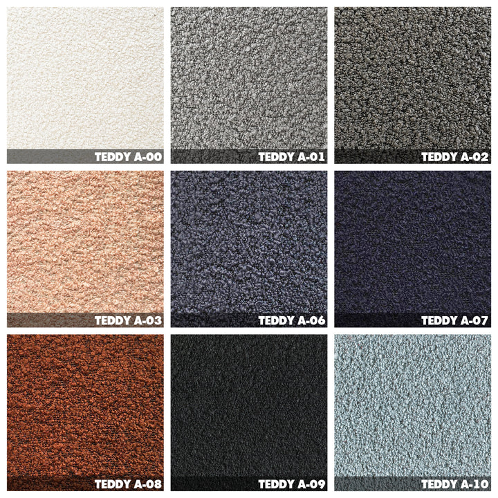 Contemporary boucle fabric 1 seater sofa soriana color swatches.