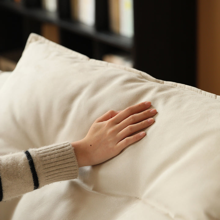 Contemporary suede fabric modular chaise 1 seater sofa bloom color swatches.