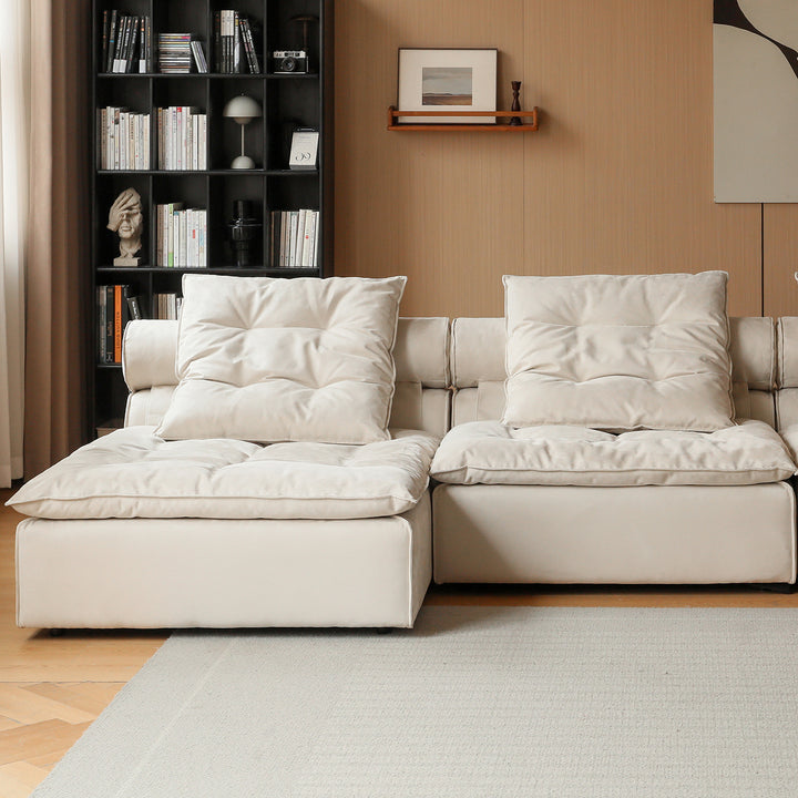 Contemporary suede fabric modular l shape sectional sofa 2+l bloom in panoramic view.