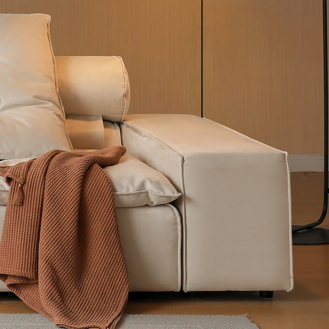 Contemporary suede fabric modular sofa armrest bloom in real life style.