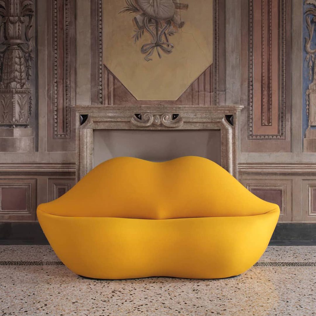 Contemporary velvet 2 seater sofa bocca in panoramic view.