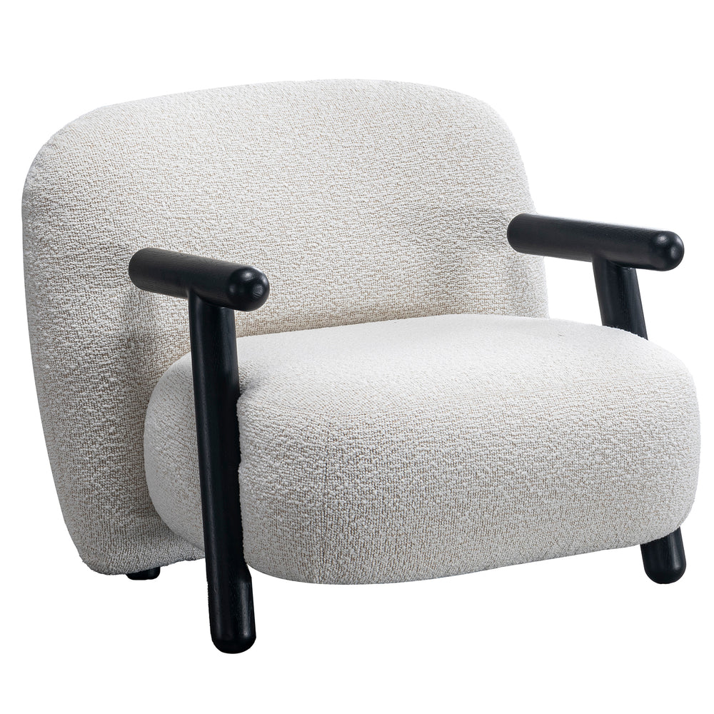 Cream boucle fabric 1 seater sofa with armrest malt in white background.