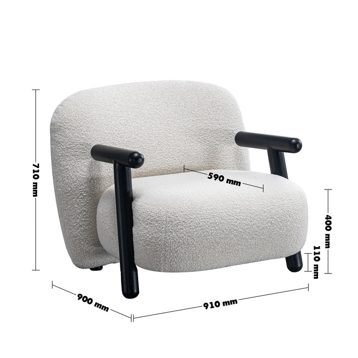 Cream boucle fabric 1 seater sofa with armrest malt size charts.