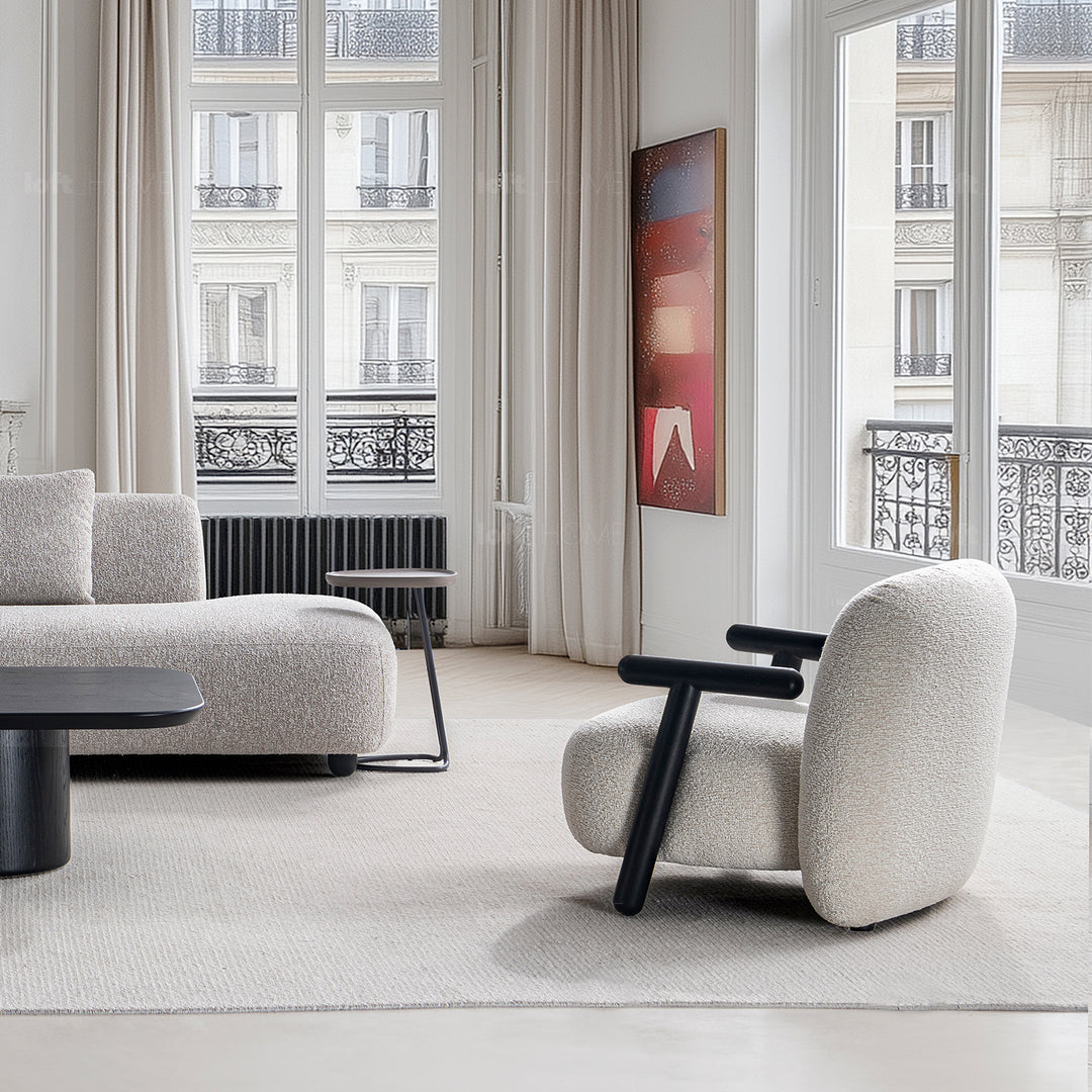 Cream boucle fabric 1 seater sofa with armrest malt color swatches.