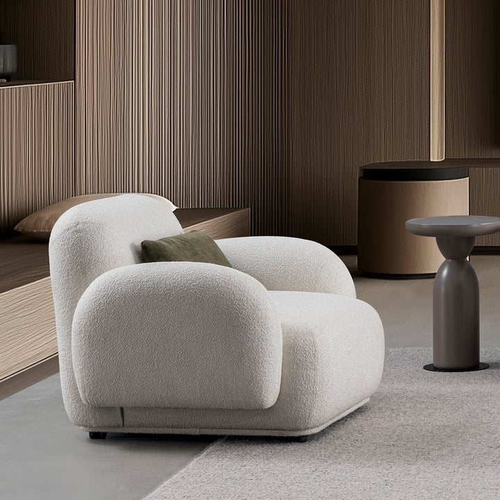 Cream boucle fabric 1 seater sofa pluum primary product view.