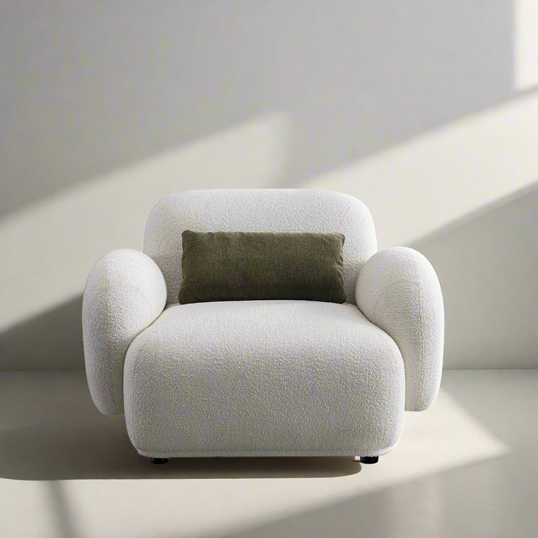 Cream boucle fabric 1 seater sofa pluum color swatches.