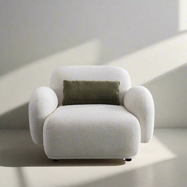 Cream boucle fabric 1 seater sofa pluum color swatches.