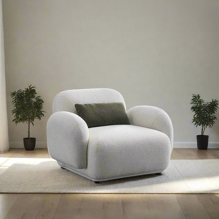 Cream boucle fabric 1 seater sofa pluum material variants.