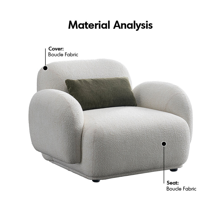 Cream boucle fabric 1 seater sofa pluum with context.