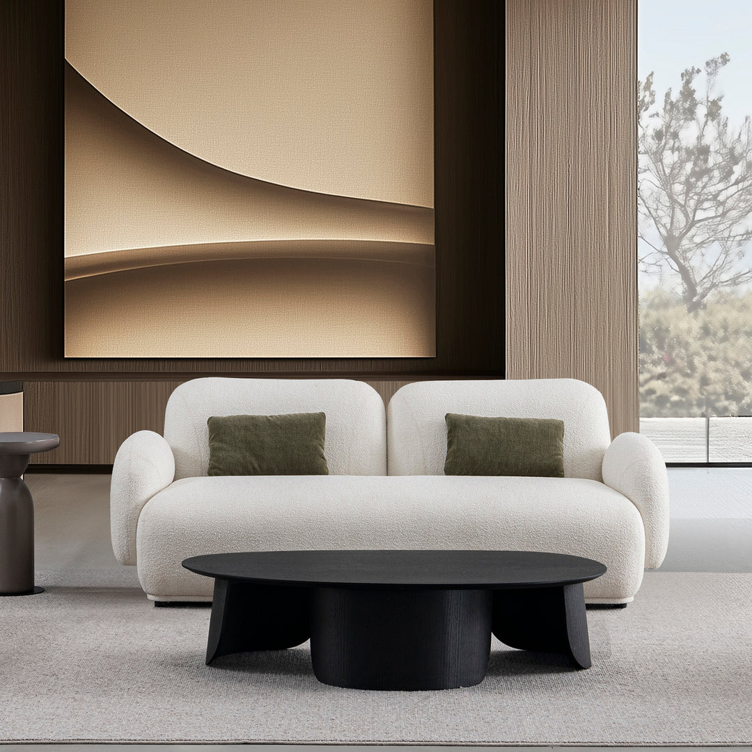 Cream boucle fabric 2 seater sofa pluum primary product view.