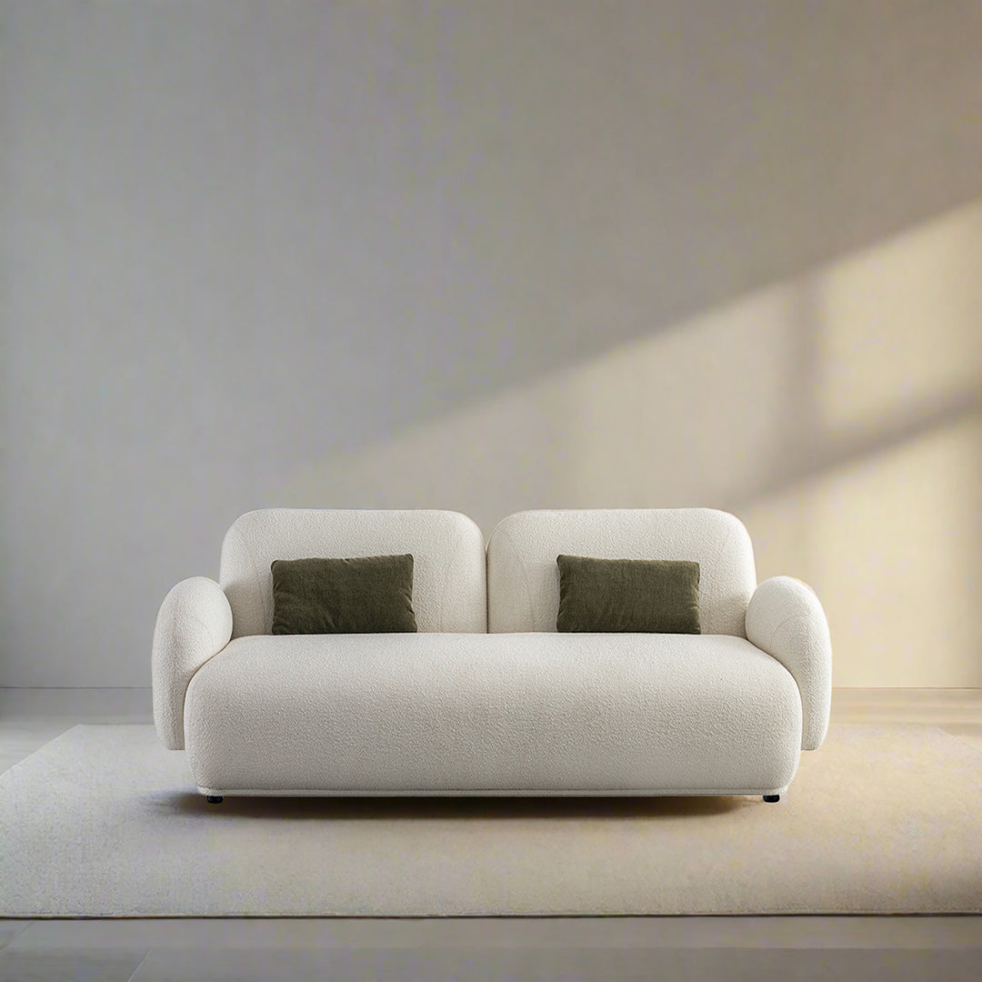 Cream boucle fabric 2 seater sofa pluum color swatches.