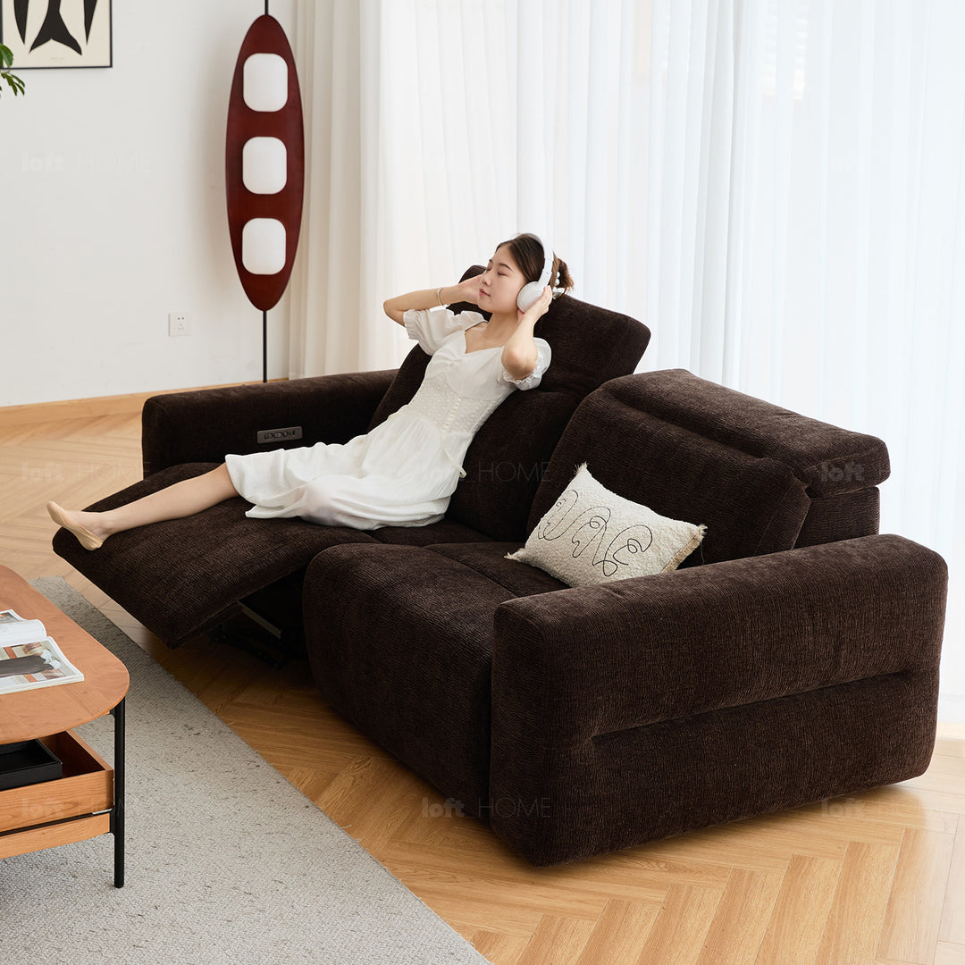 Cream chenille velvet fabric electric recliner 2 seater sofa lolo detail 22.