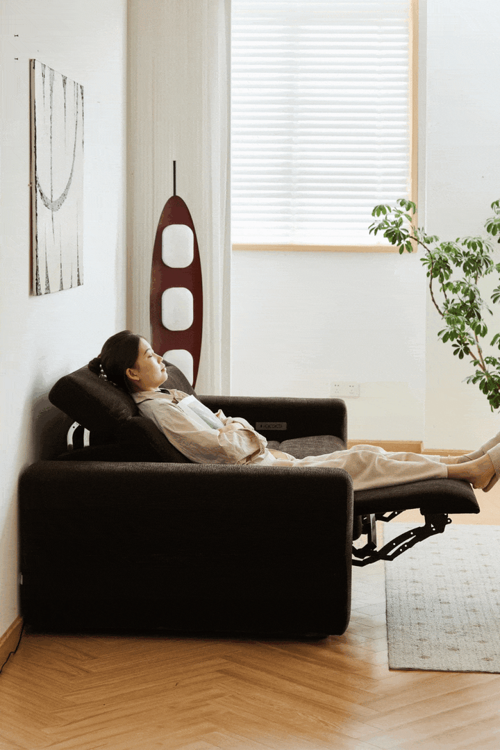 Cream chenille velvet fabric electric recliner 4 seater sofa lolo with context.
