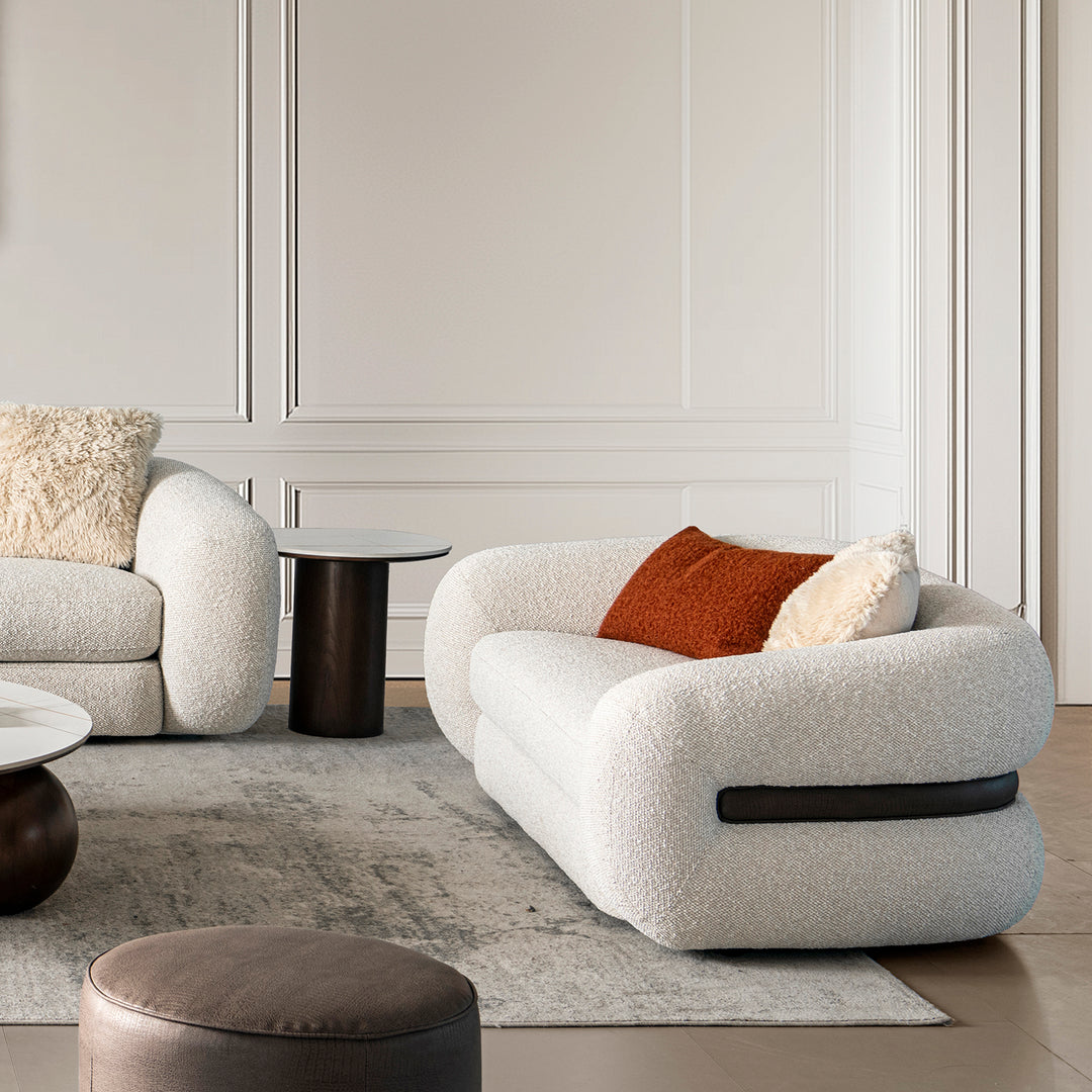 Cream boucle fabric 2 seater sofa curly primary product view.