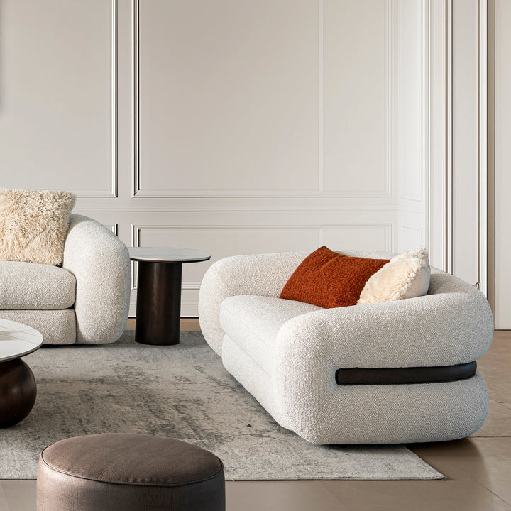 Cream boucle fabric 2 seater sofa curly primary product view.