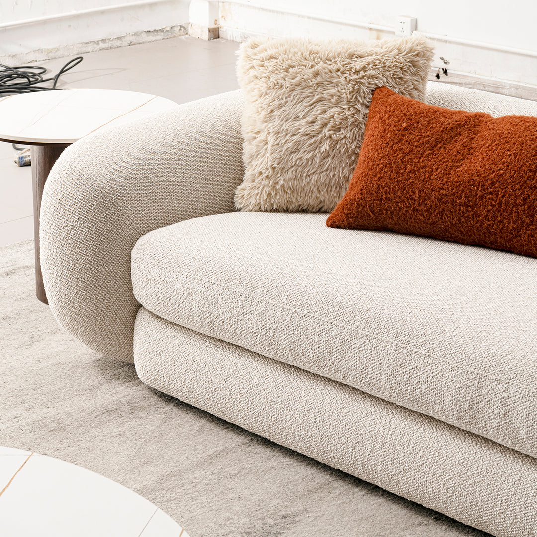 Cream boucle fabric 2 seater sofa curly in real life style.