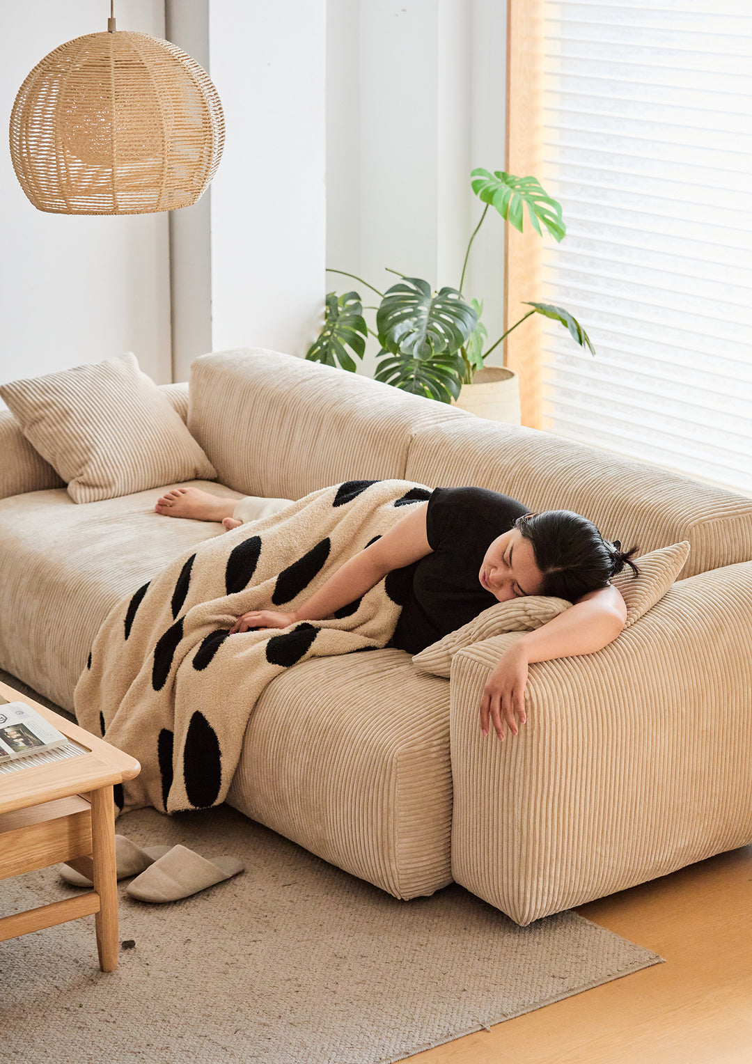 Cream corduroy velvet fabric 3 seater sofa square conceptual design.